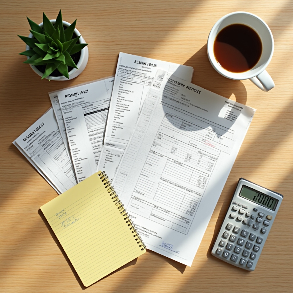 Kitchen table with bills and a calculator on household budget planning