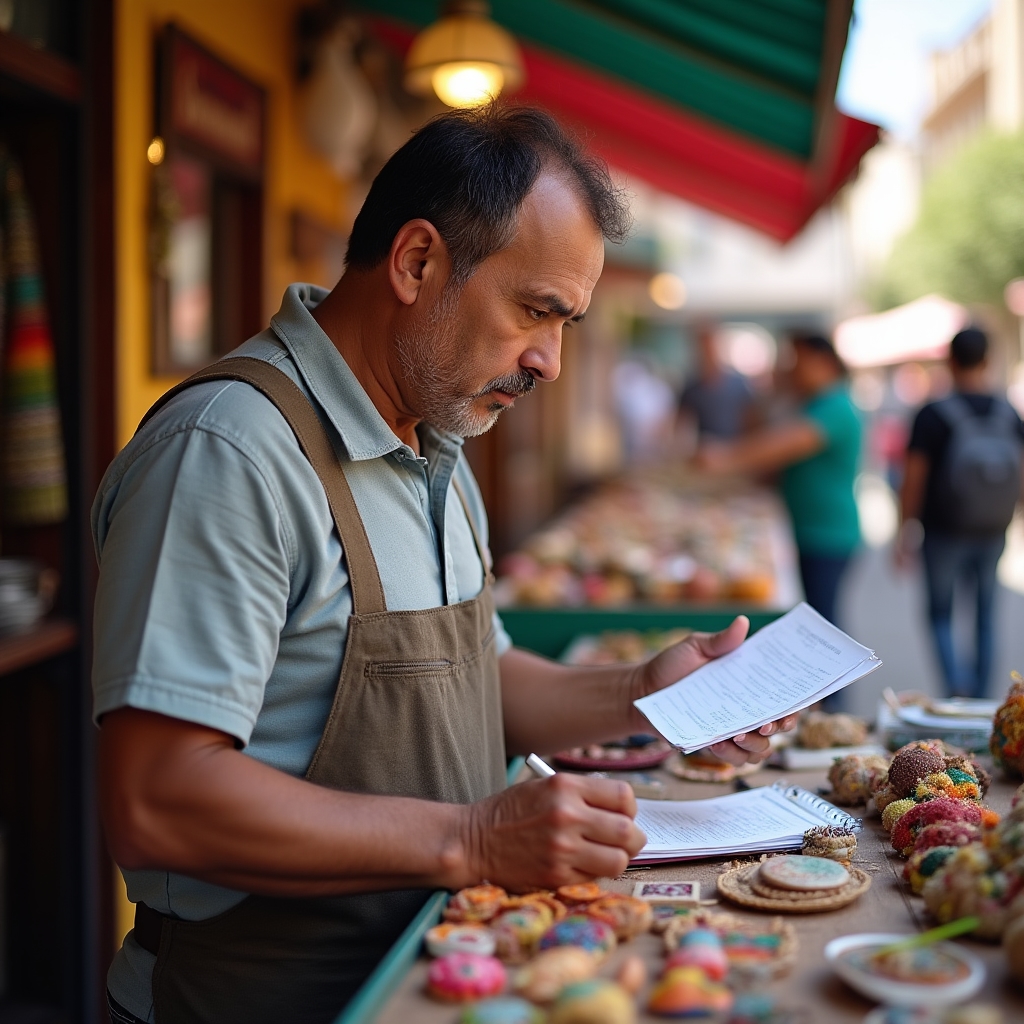 Small business owner reviewing costs and expenses at a market stall in Mexico