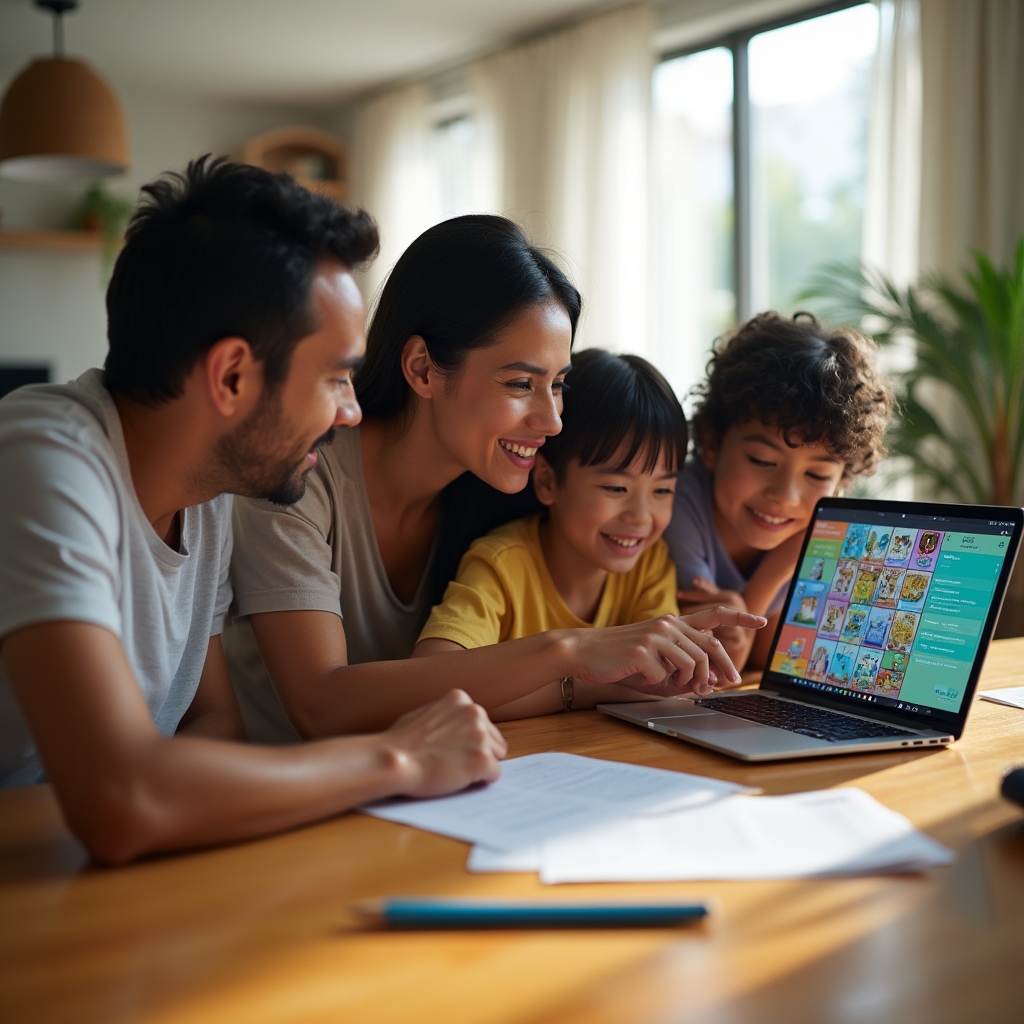 Family sitting together reviewing household finances at home